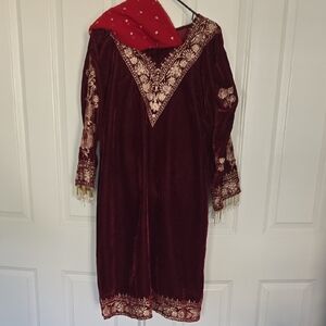 Elegant Maroon Embroidered Suit with Red Scarf